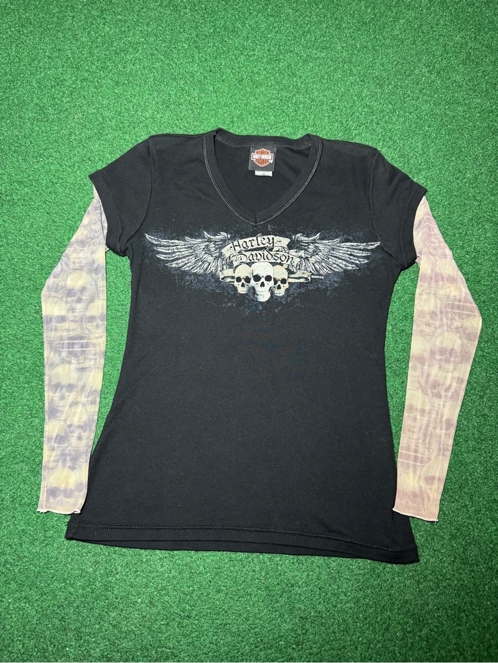 Vtg Y2K Harley Davidson Women M Top Tattoo Mesh Sheer Sleeve Skull USA Goth Emo